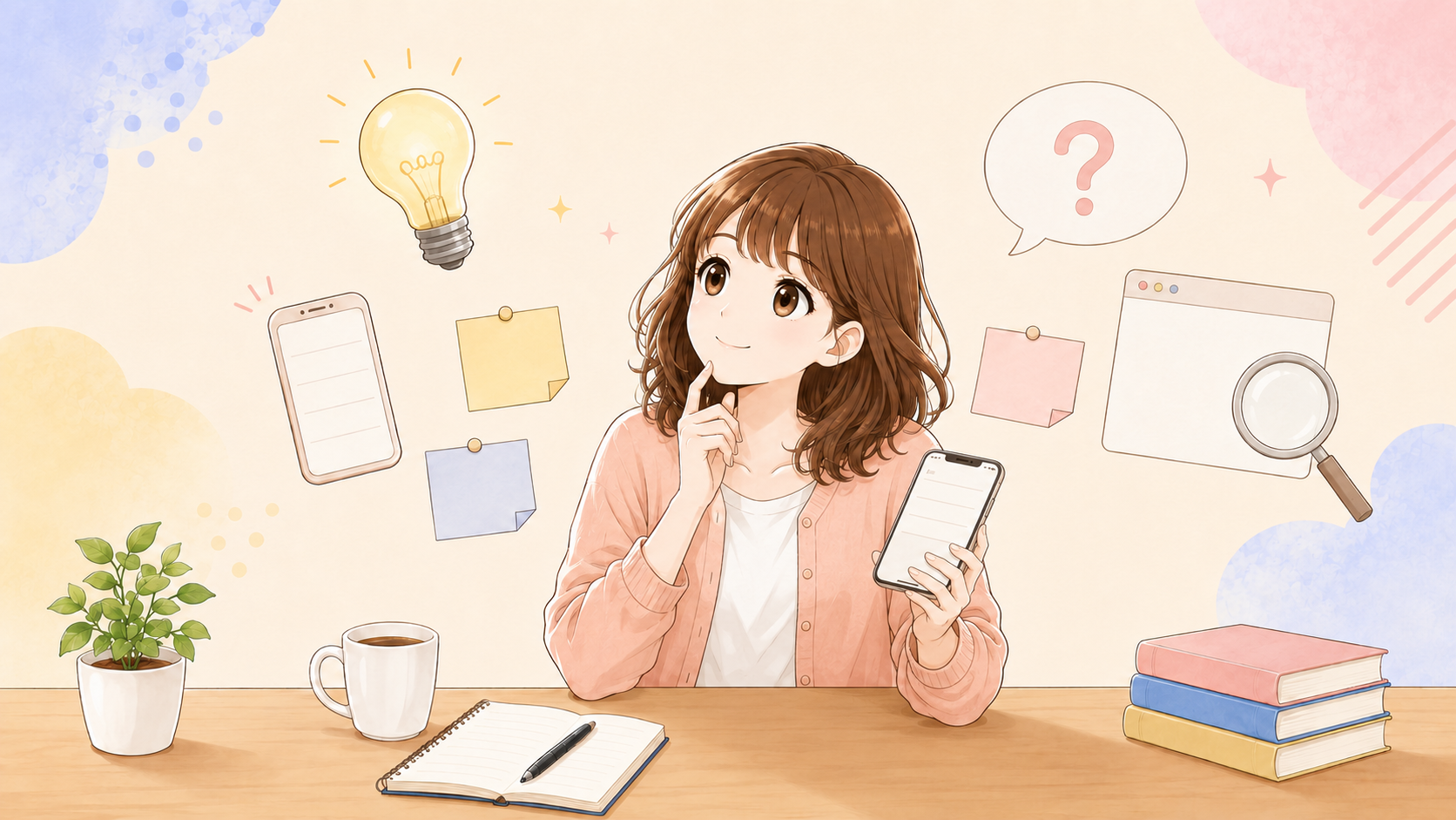 スマートフォンを見ながらブログの記事ネタをノートに整理する女性